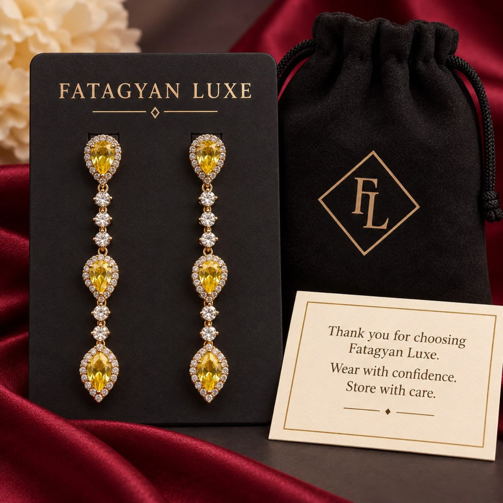 Soleil Royale Crystal Cascade Earrings Fatagyan Luxe packaging
