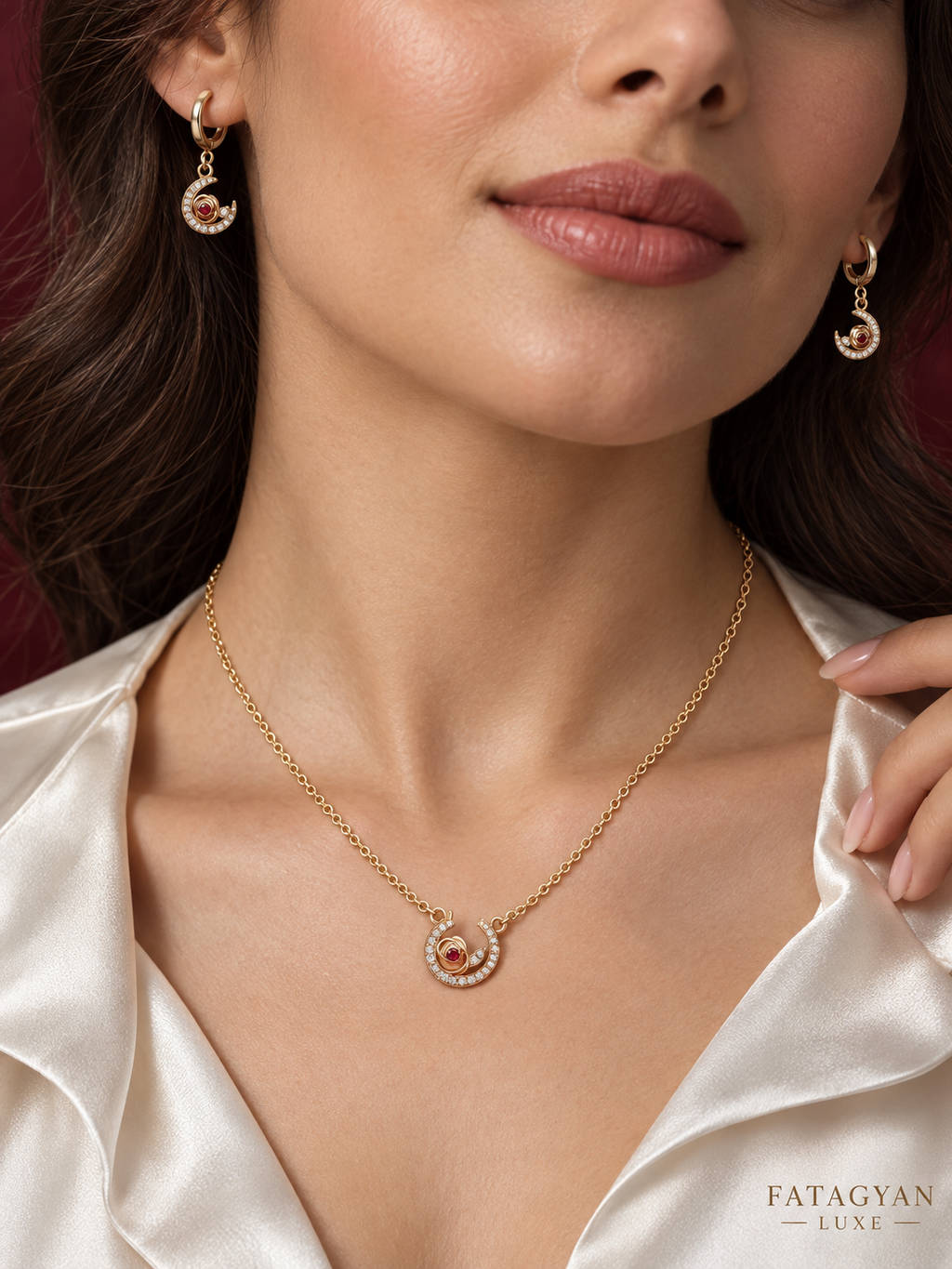 Crescent Rose Celestial Necklace & Earrings Set – 18K Gold Plated | XP011
