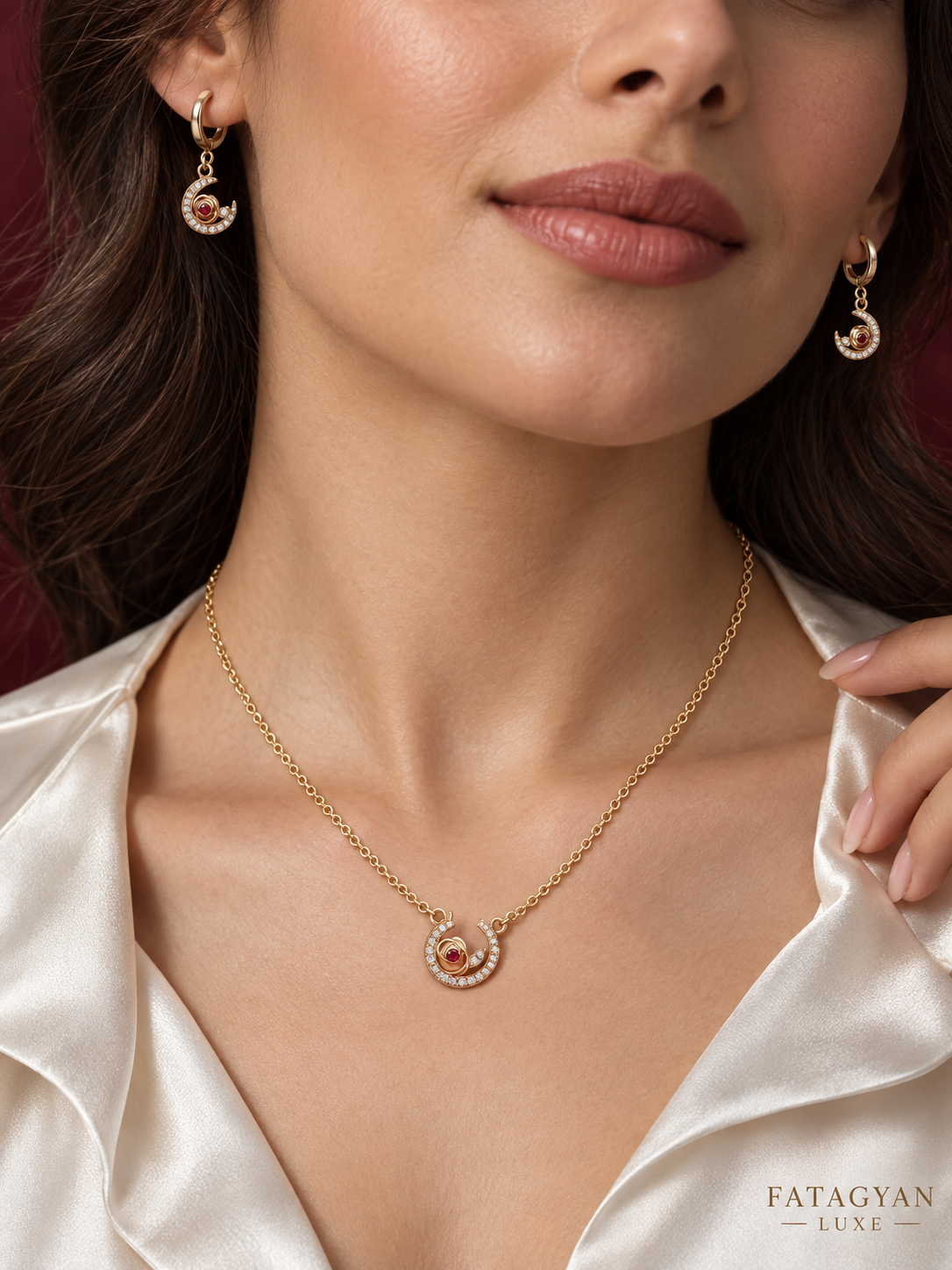 Crescent Rose Celestial Necklace & Earrings Set – 18K Gold Plated | XP011