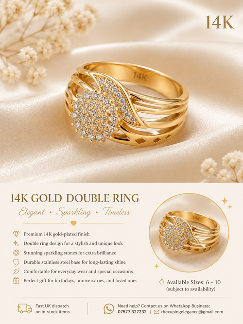 14K Gold-Plated Double Ring – Elegant Crystal Design A04
