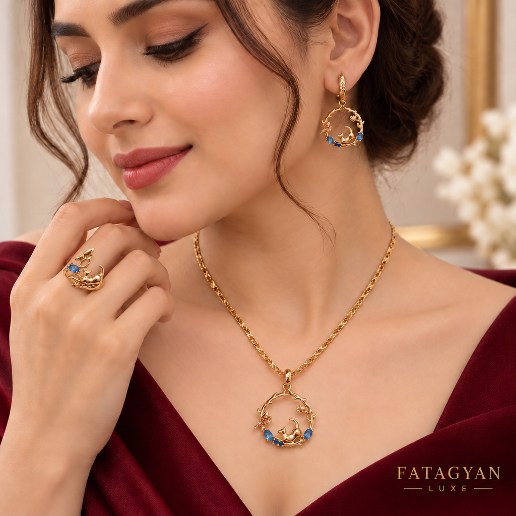 Enchanted Garden Blue Cat & Butterfly Gold-Plated Jewellery Set – XP010