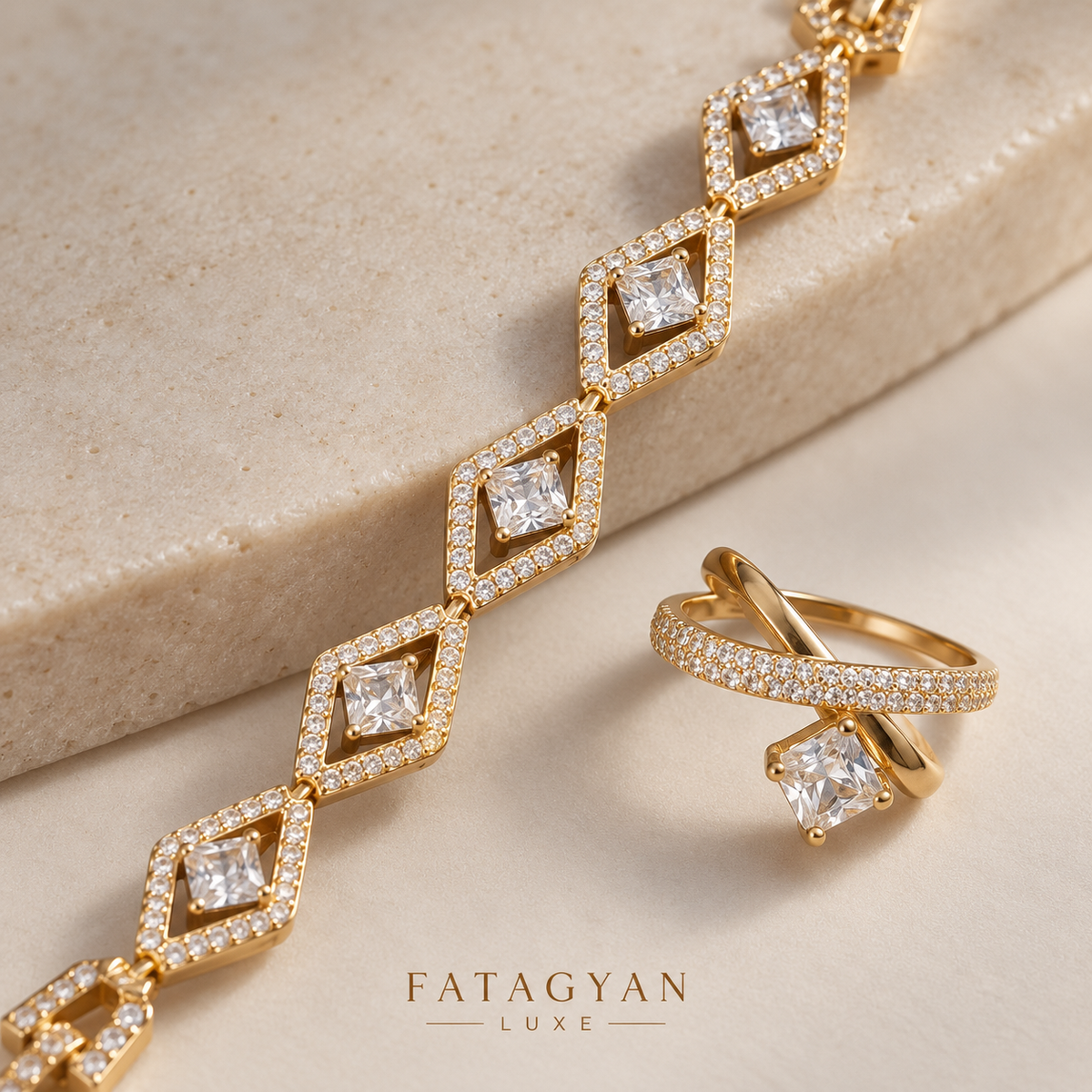 The Elara Geometric Bracelet & Ring Set – 18K Gold Plated D02