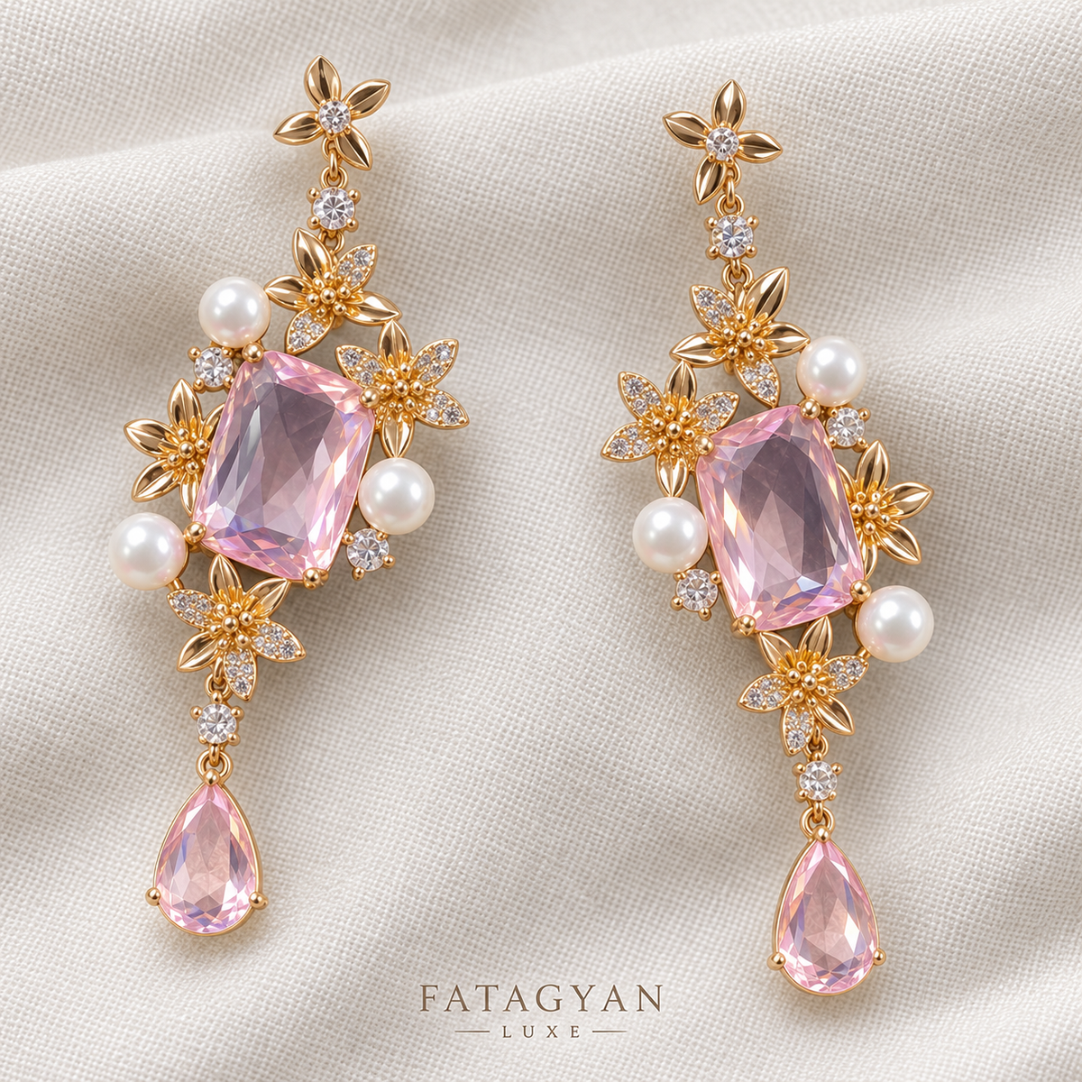 Blush Garden Pearl & Crystal Drop Earrings – 18K Gold Plated XP