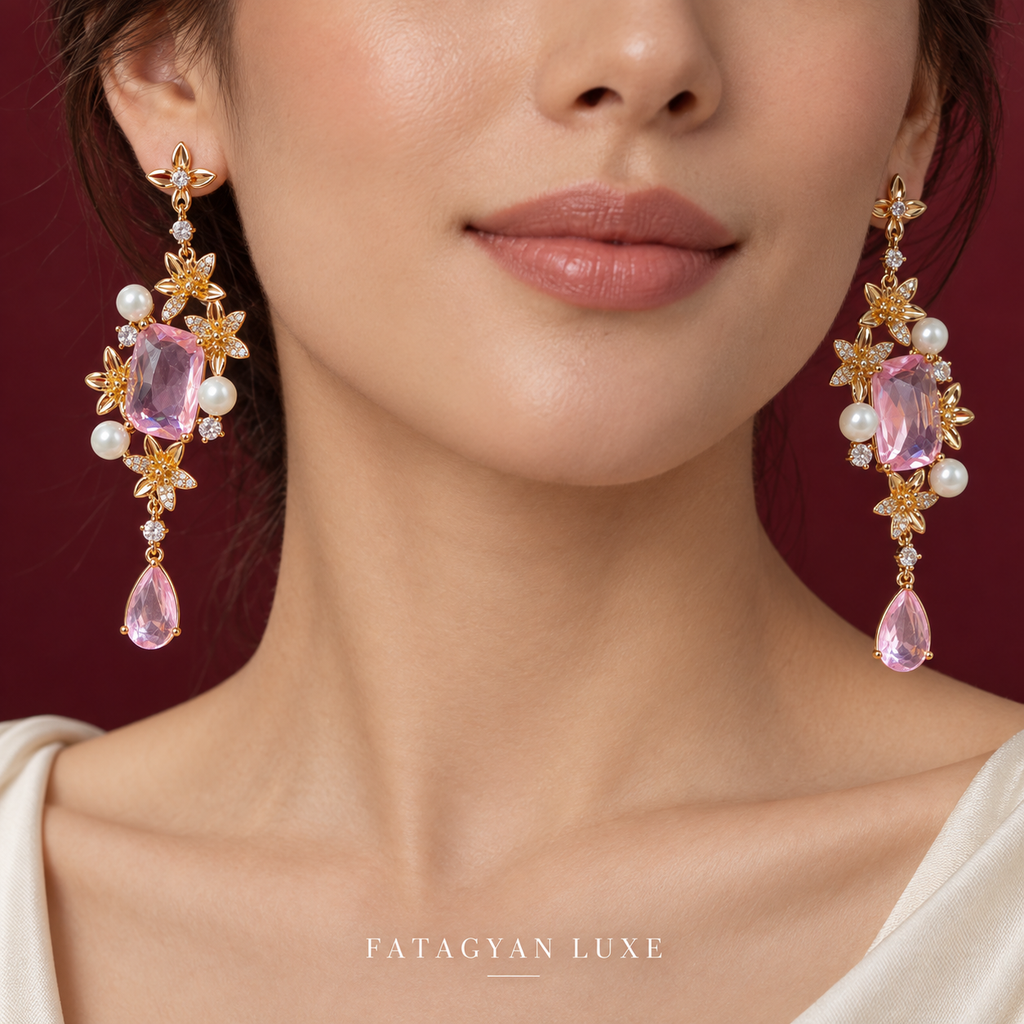 Blush Garden Pearl & Crystal Drop Earrings – 18K Gold Plated XP