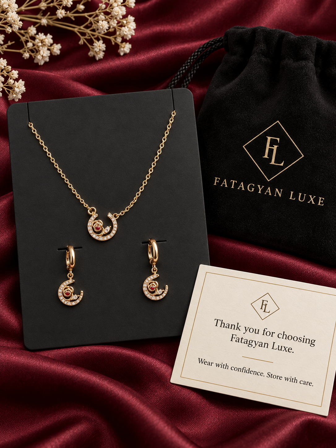 Crescent Rose Celestial Necklace & Earrings Set – 18K Gold Plated | XP011