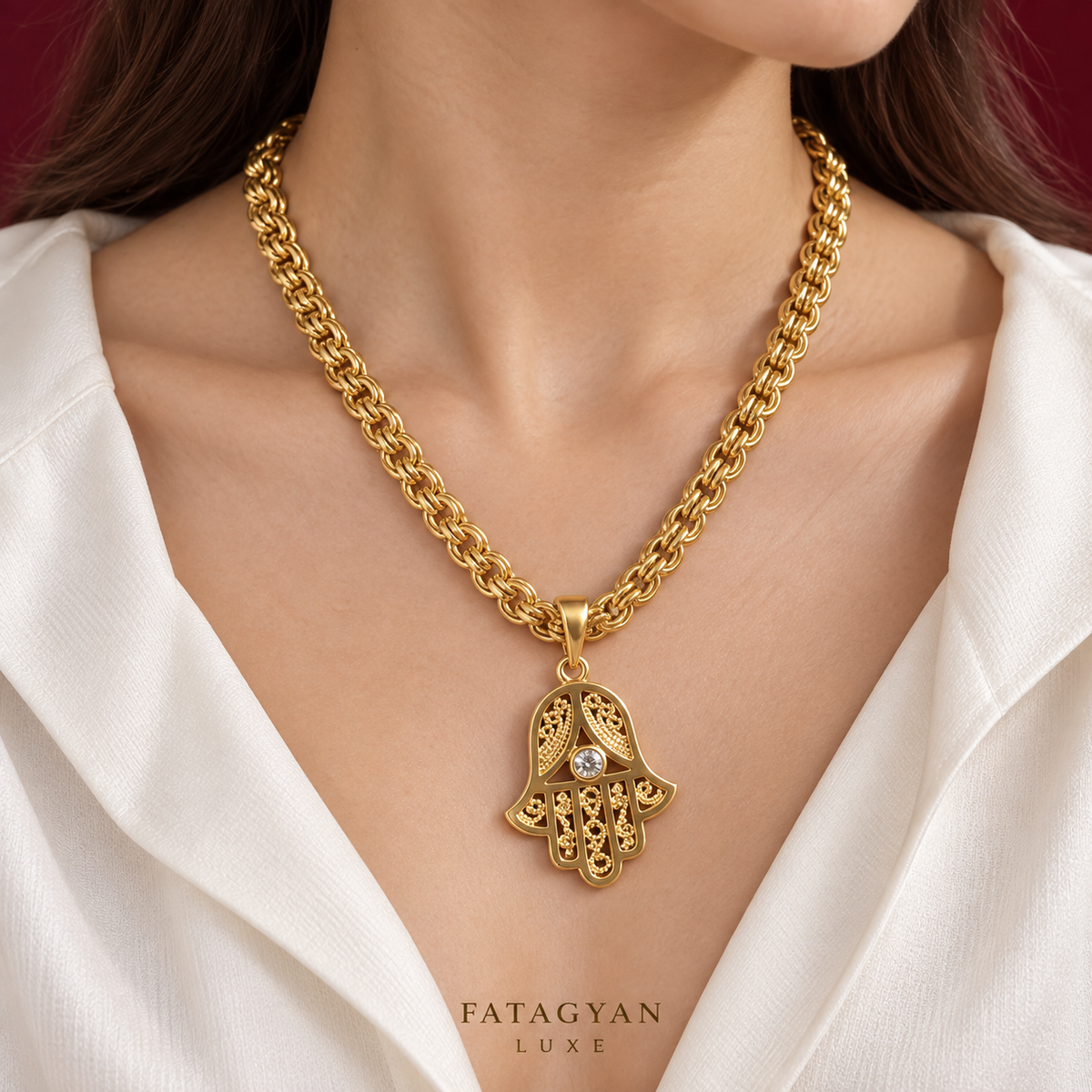 Amara Hamsa Statement Necklace – Gold Plated | XP003