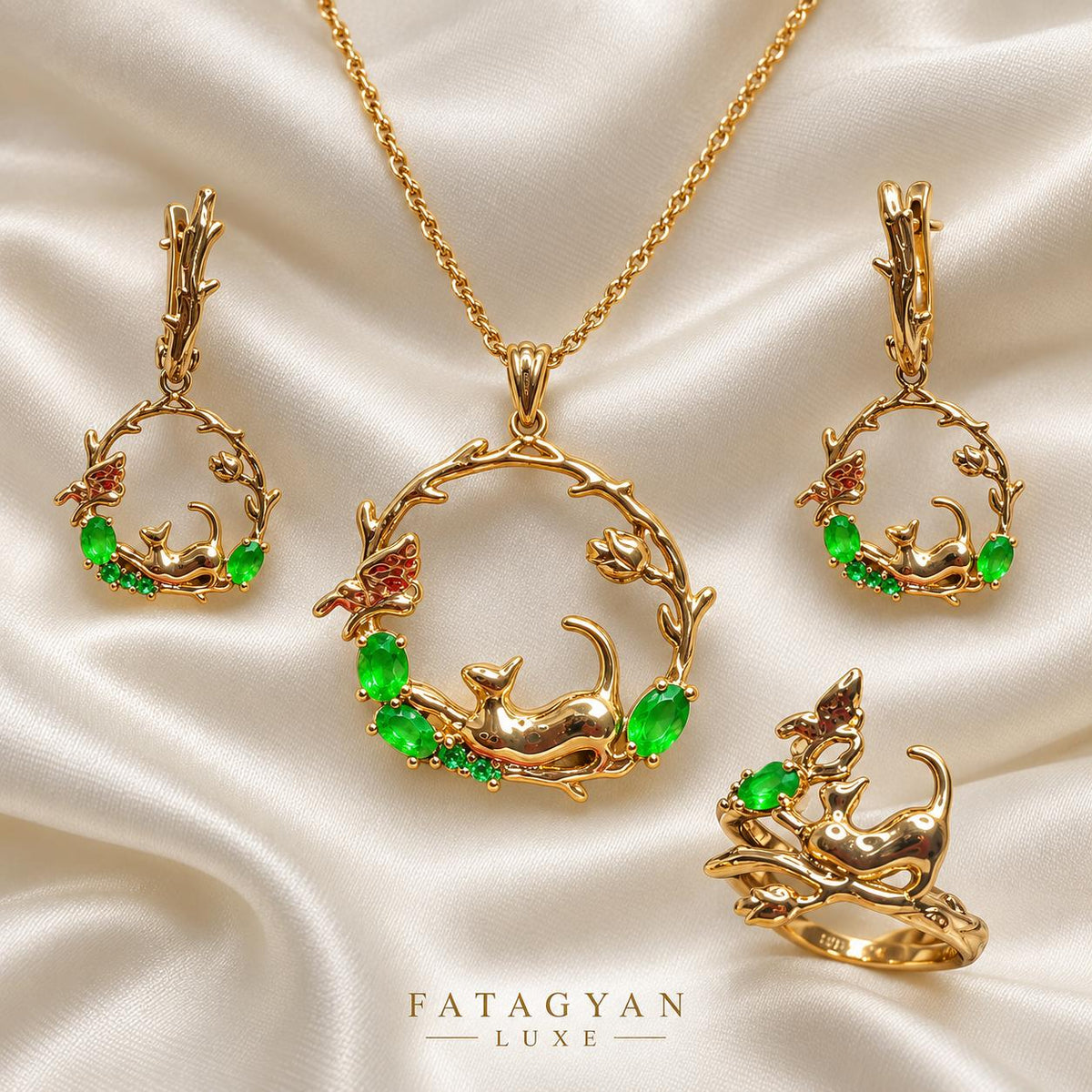 Enchanted Garden Gold-Plated Cat & Butterfly Jewellery Set XP009
