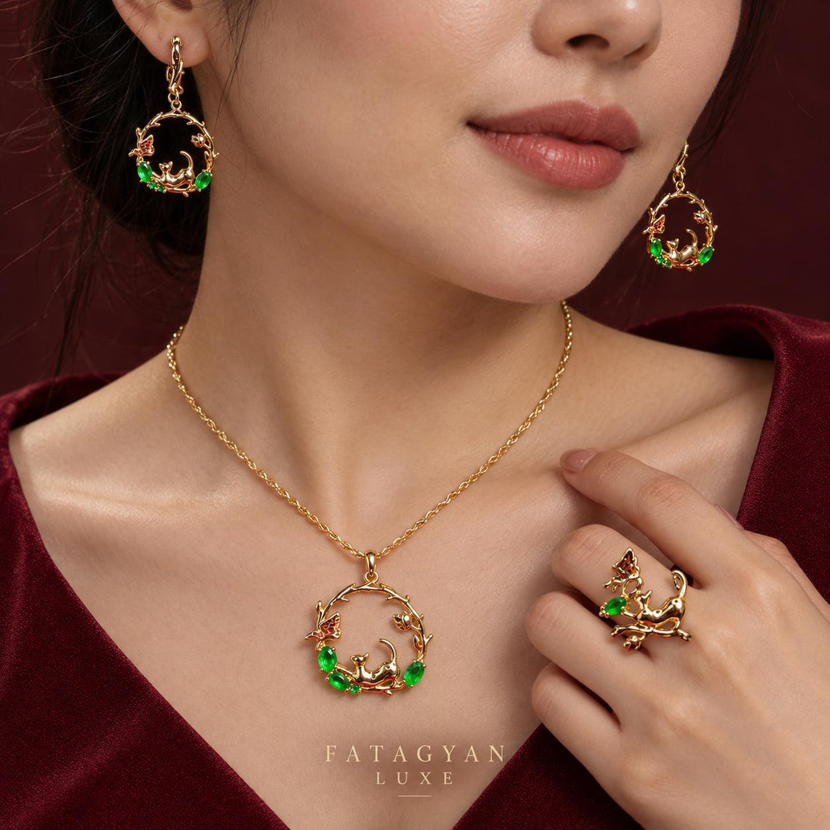 Enchanted Garden Gold-Plated Cat & Butterfly Jewellery Set XP009