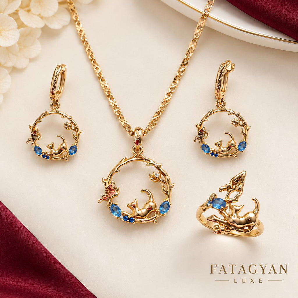Enchanted Garden Blue Cat & Butterfly Gold-Plated Jewellery Set – XP010