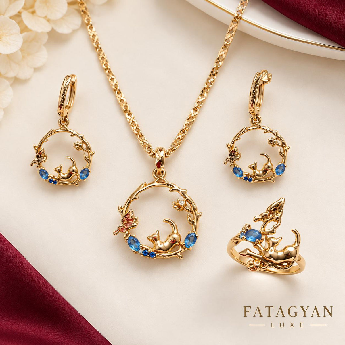 Enchanted Garden Blue Cat & Butterfly Gold-Plated Jewellery Set – XP010
