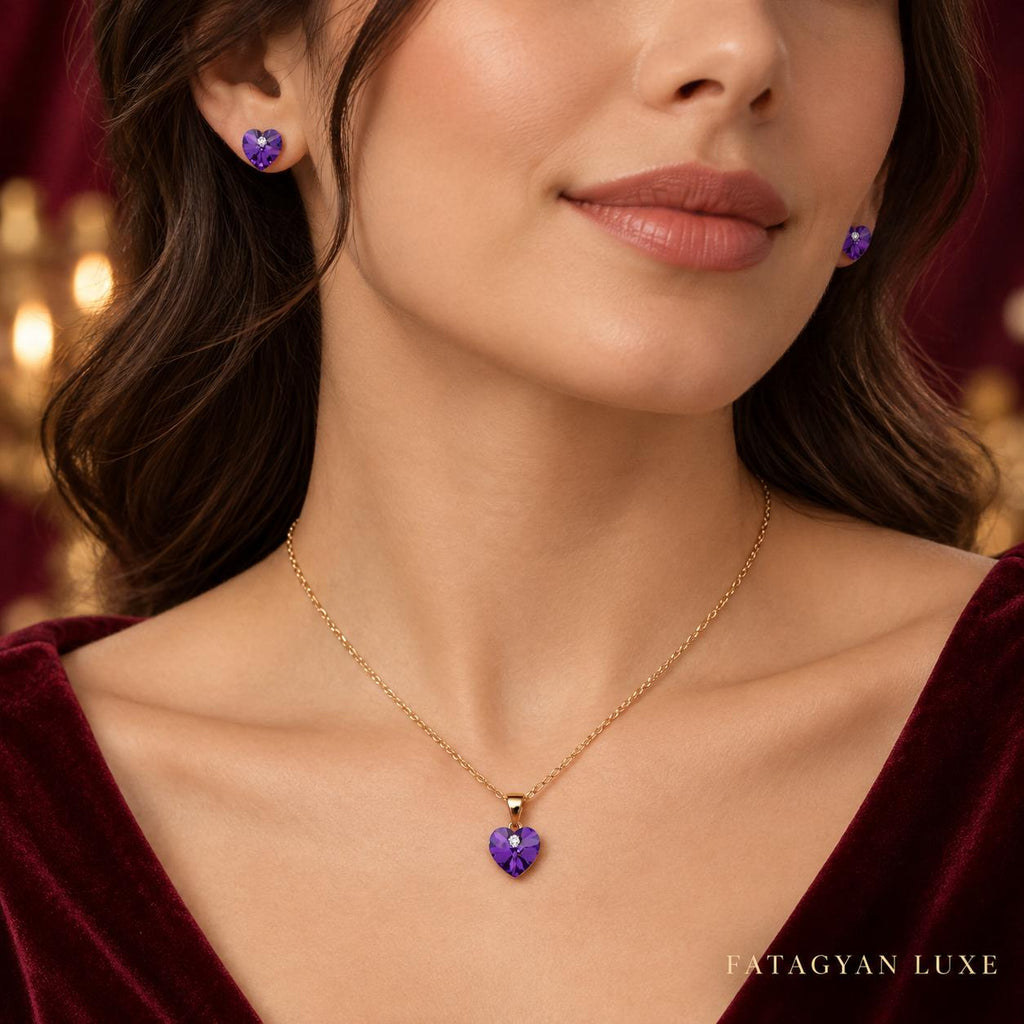 Éclat Heart Swarovski Crystal Jewellery Set – 18K Gold Plated Amethyst Purple 02