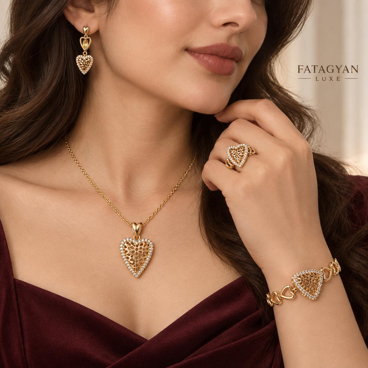 18K Gold-Plated Necklace, Ring, Bracelets, Earrings Set S06