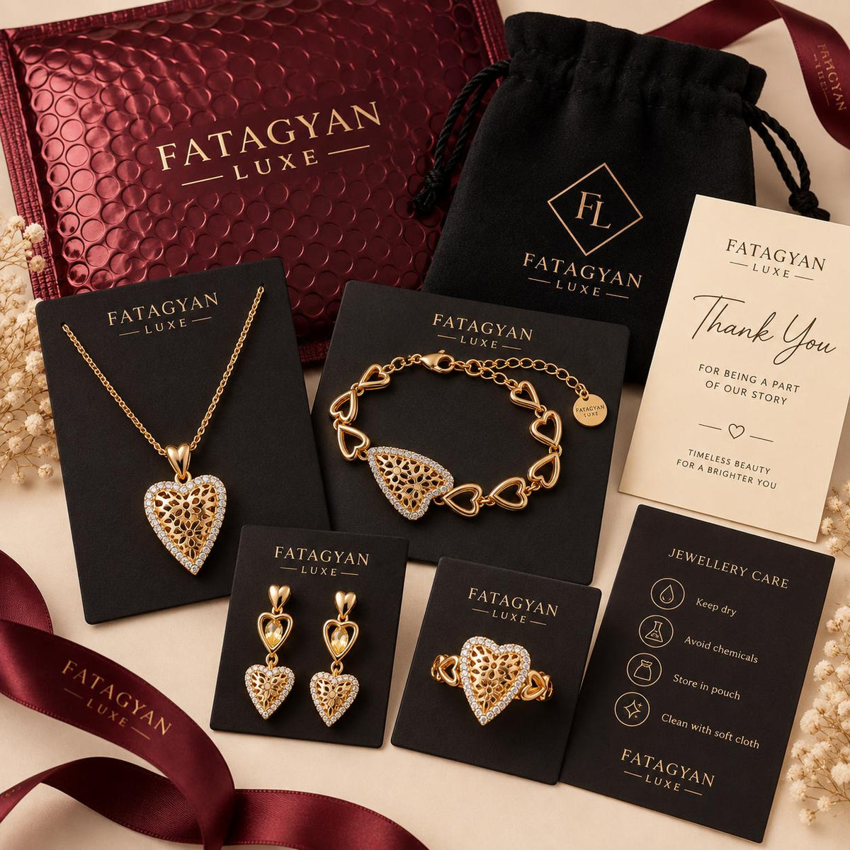 18K Gold-Plated Necklace, Ring, Bracelets, Earrings Set S06