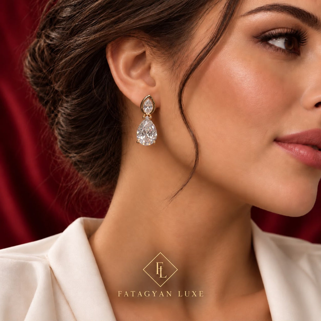 Amélie Pear Crystal Drop Earrings worn
