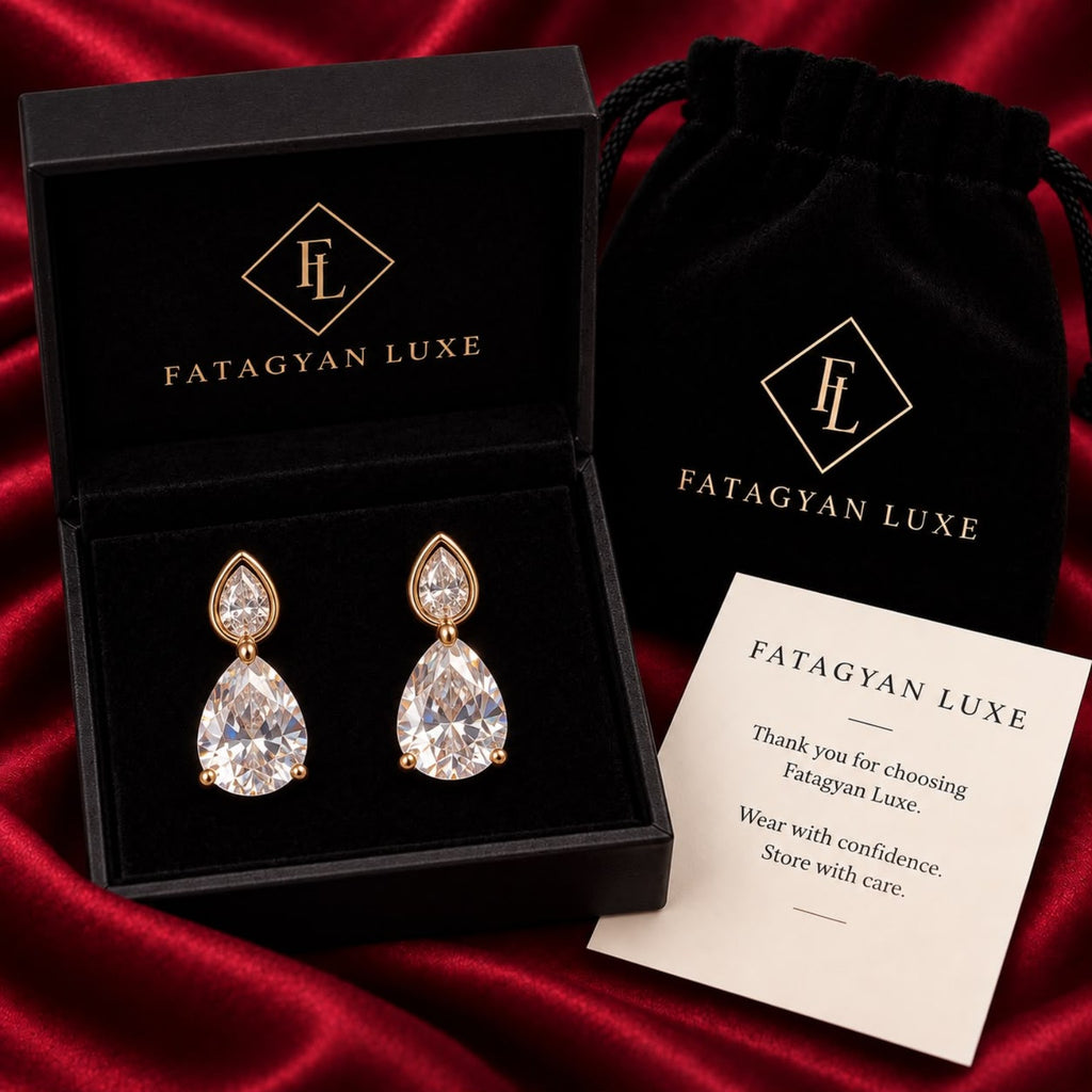 Amélie Pear Crystal Drop Earrings FATAGYAN LUXE packaging