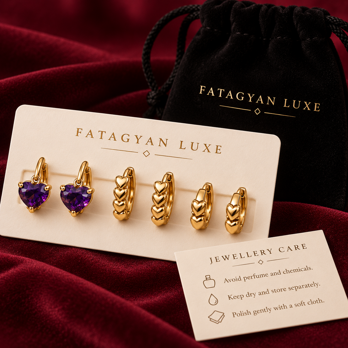 Amethyst Amour Trio Huggie Set with Fatagyan Luxe packaging