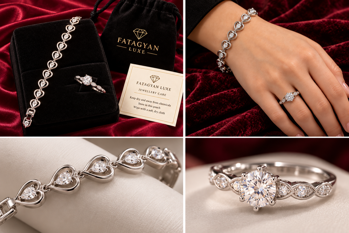 Detailed close-up views of Xuping silver-tone stainless steel heart bracelet and ring set