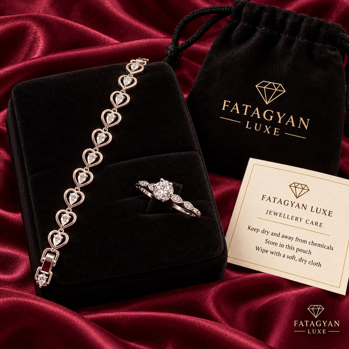 Xuping silver-tone stainless steel heart bracelet and ring set with Fatagyan Luxe packaging