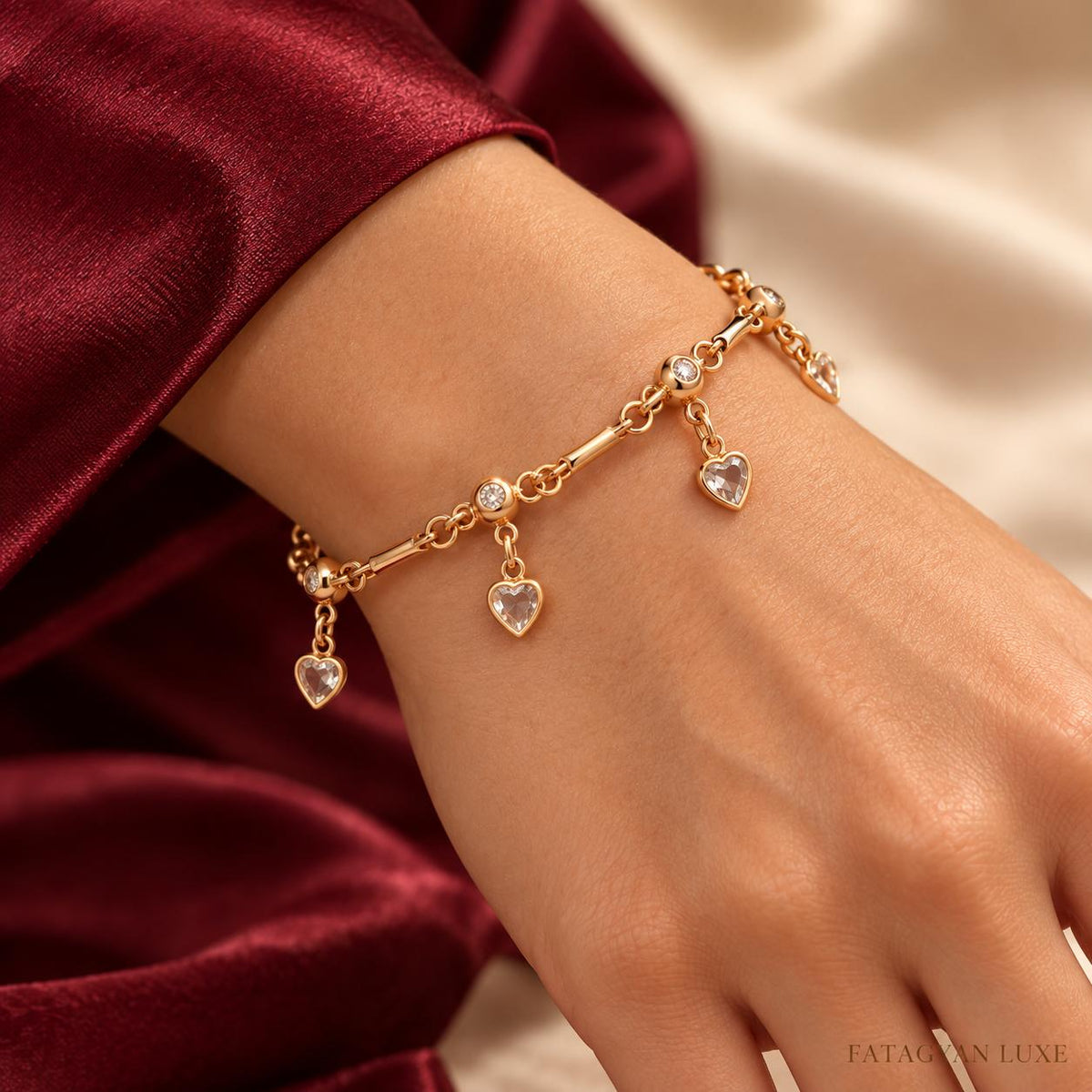 Amour Crystal Heart Anklet styled as a bracelet