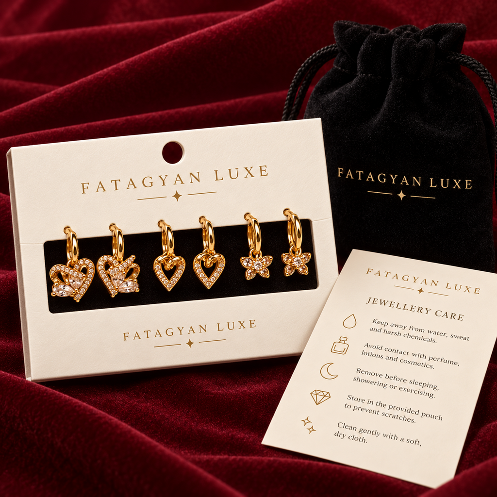 Amour Trio Crystal Huggie Set with Fatagyan Luxe packaging