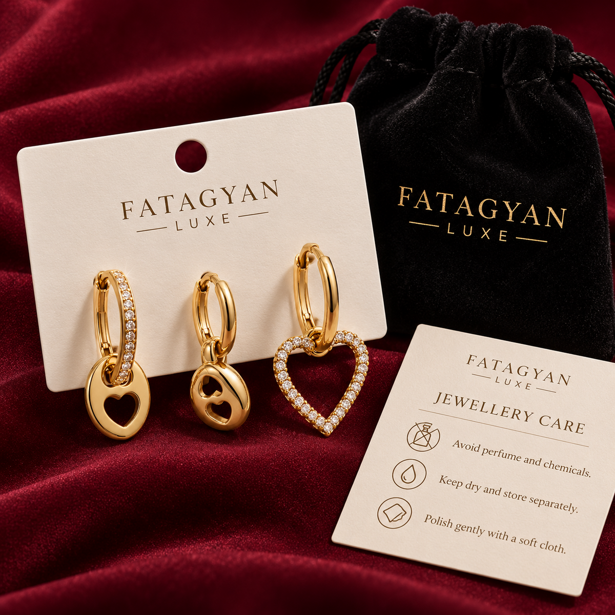Amour Trio Heart Earring Set with Fatagyan Luxe packaging