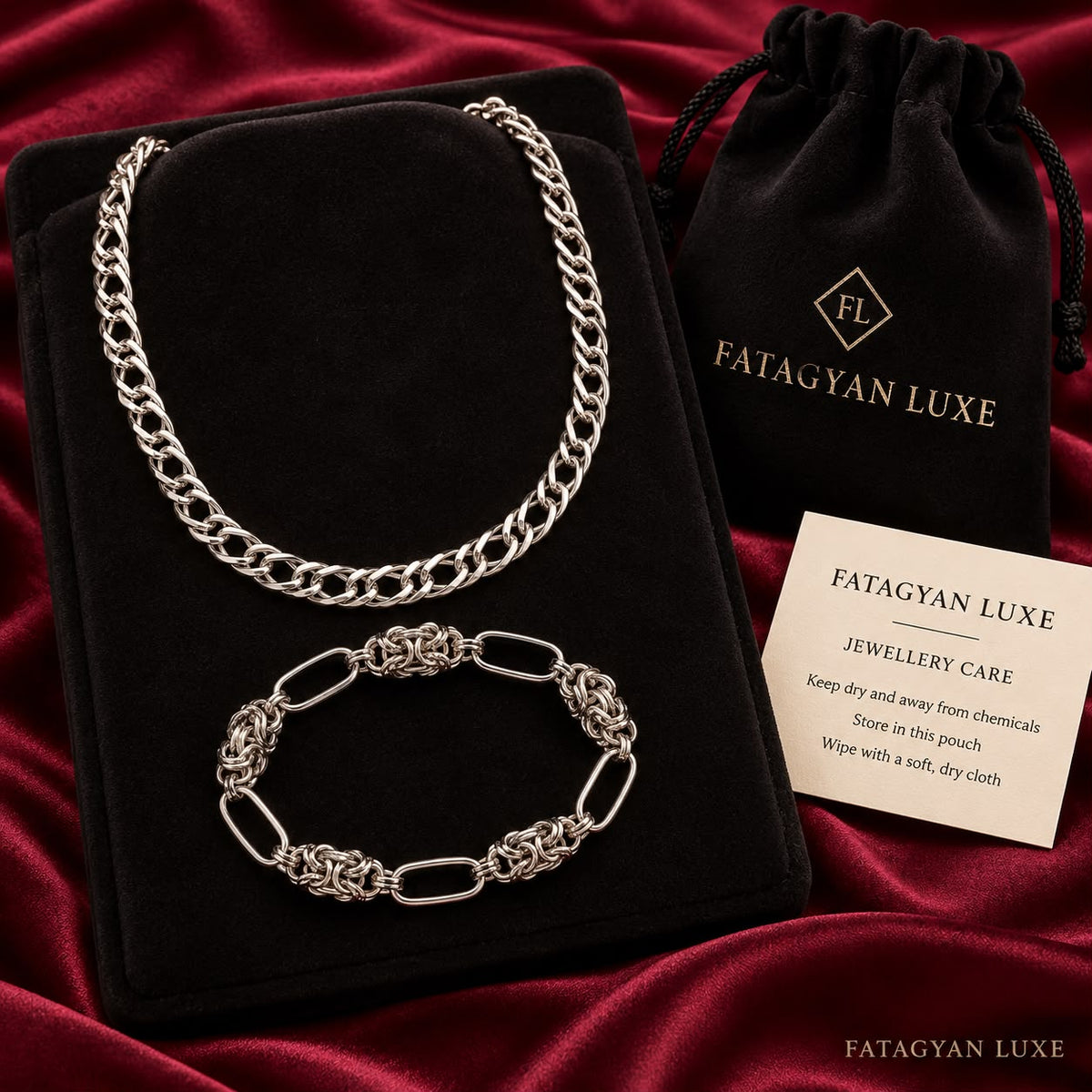 Argent Nexus silver-tone necklace and bracelet set with Fatagyan Luxe packaging
