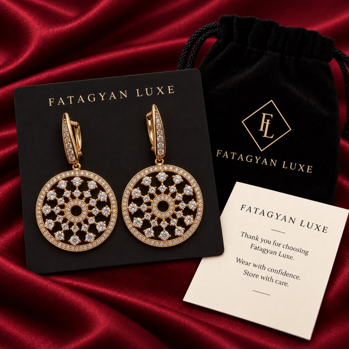 Aurelia Crystal Orbit Drop Earrings FATAGYAN LUXE packaging