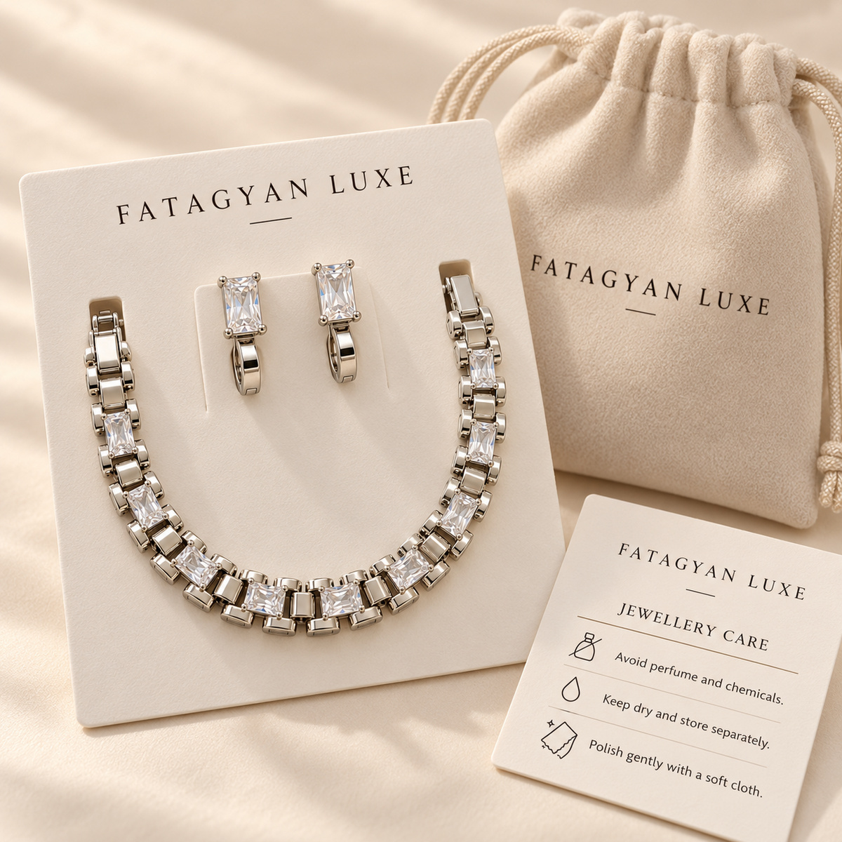 Aveline Radiant crystal bracelet and earrings set with Fatagyan Luxe packaging