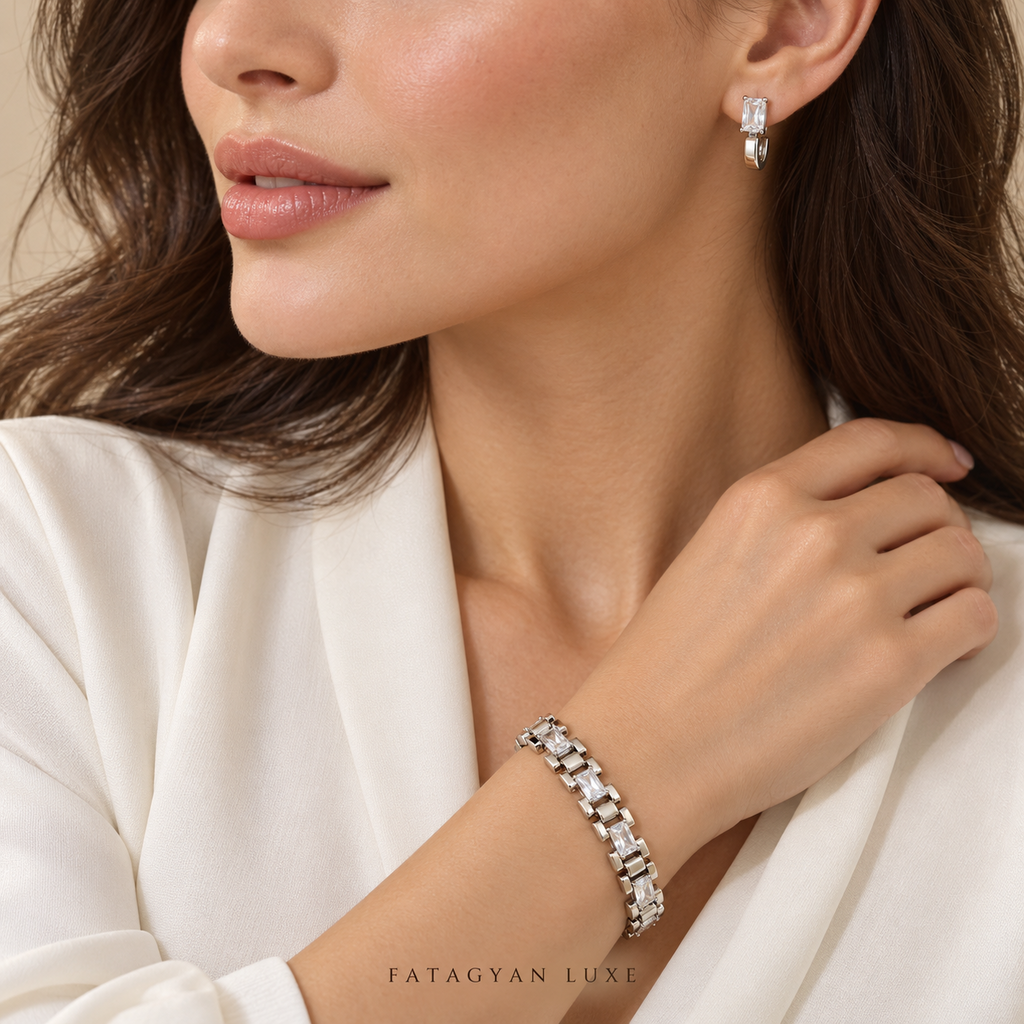 Aveline Radiant silver-tone crystal bracelet and earrings set worn