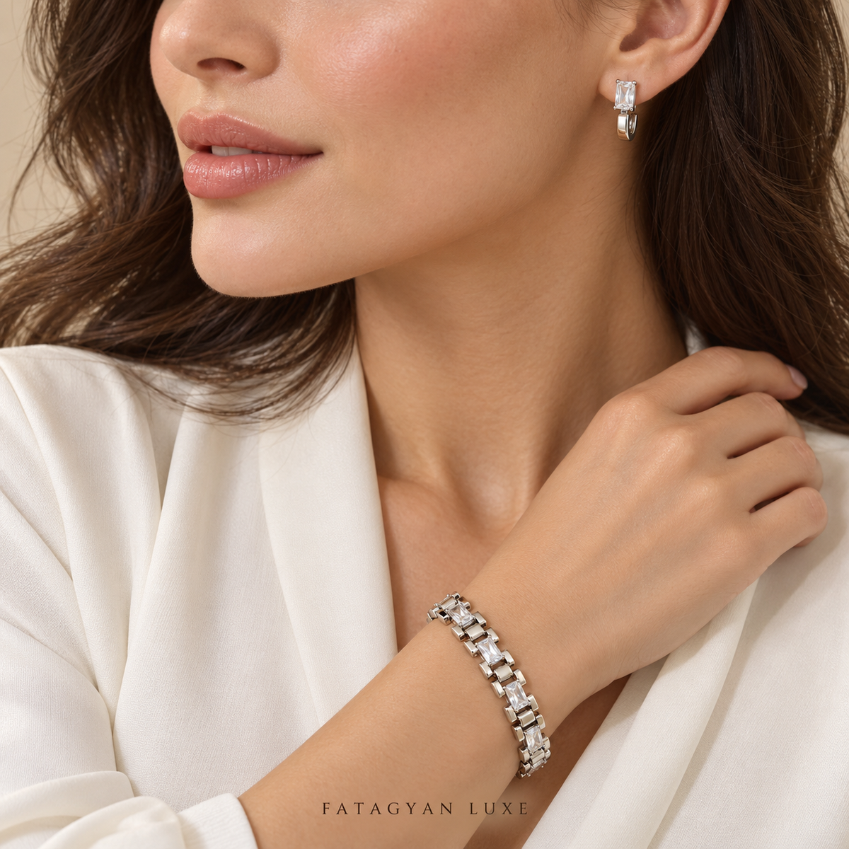 Aveline Radiant silver-tone crystal bracelet and earrings set worn
