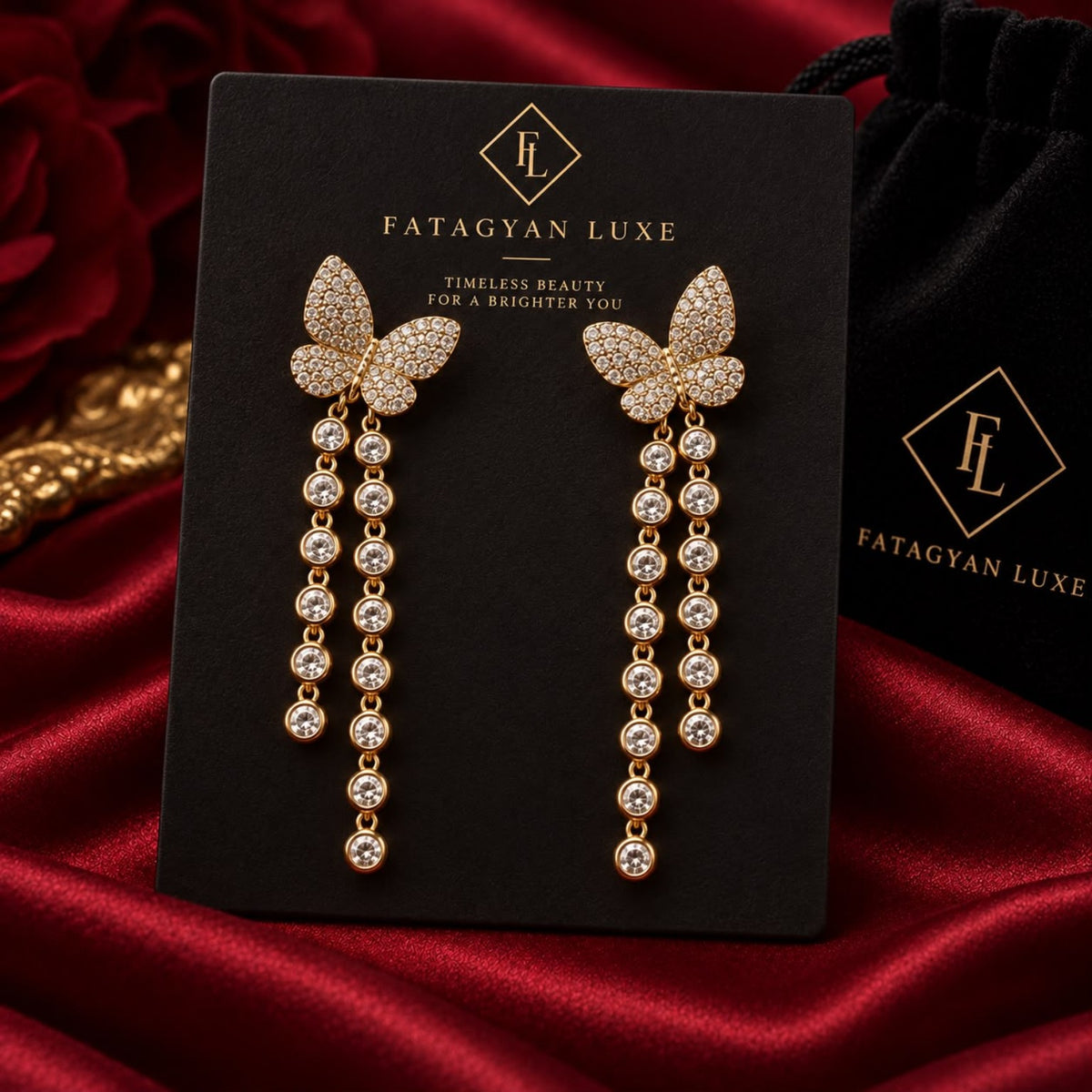 Papillon Lumière Crystal Cascade Earrings FATAGYAN LUXE packaging