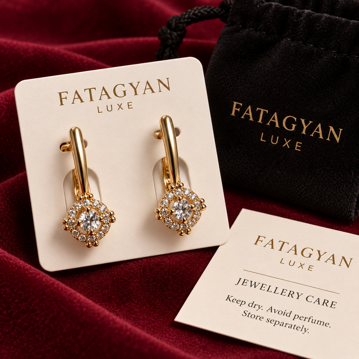 Celeste Halo Crystal Earrings with Fatagyan Luxe presentation