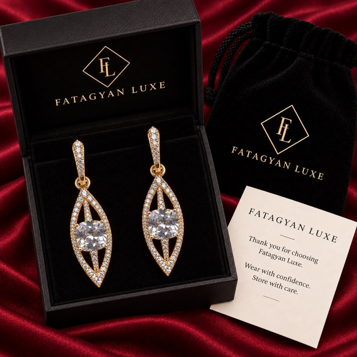 Célestine Crystal Marquis Drop Earrings FATAGYAN LUXE packaging