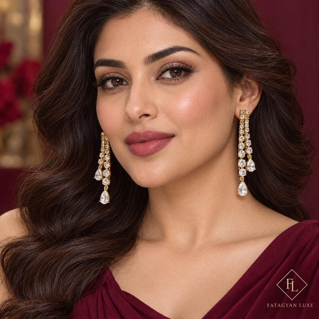Célestine Double-Strand Crystal Drop Earrings worn