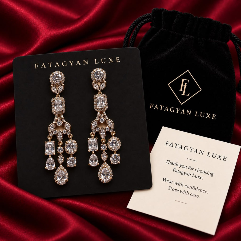 Célestine Grand Crystal Chandelier Earrings FATAGYAN LUXE packaging