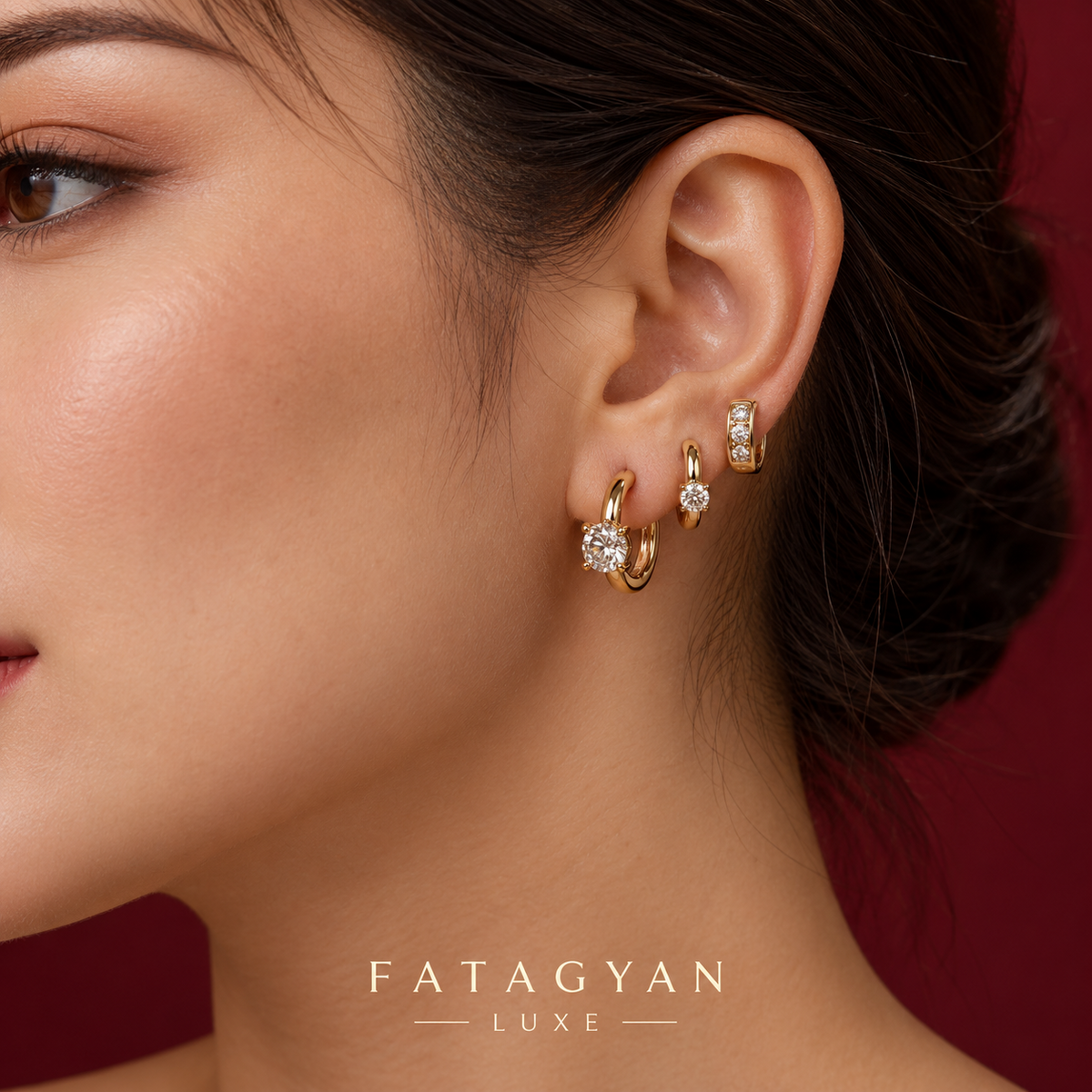 Clarté Trio Crystal Hoop Set worn together on model