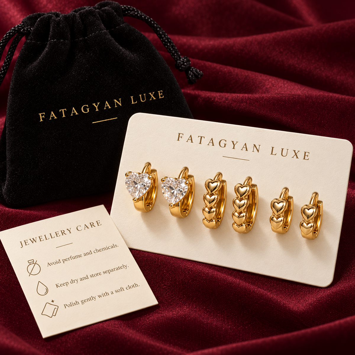 Crystal Amour Trio Huggie Set with Fatagyan Luxe packaging