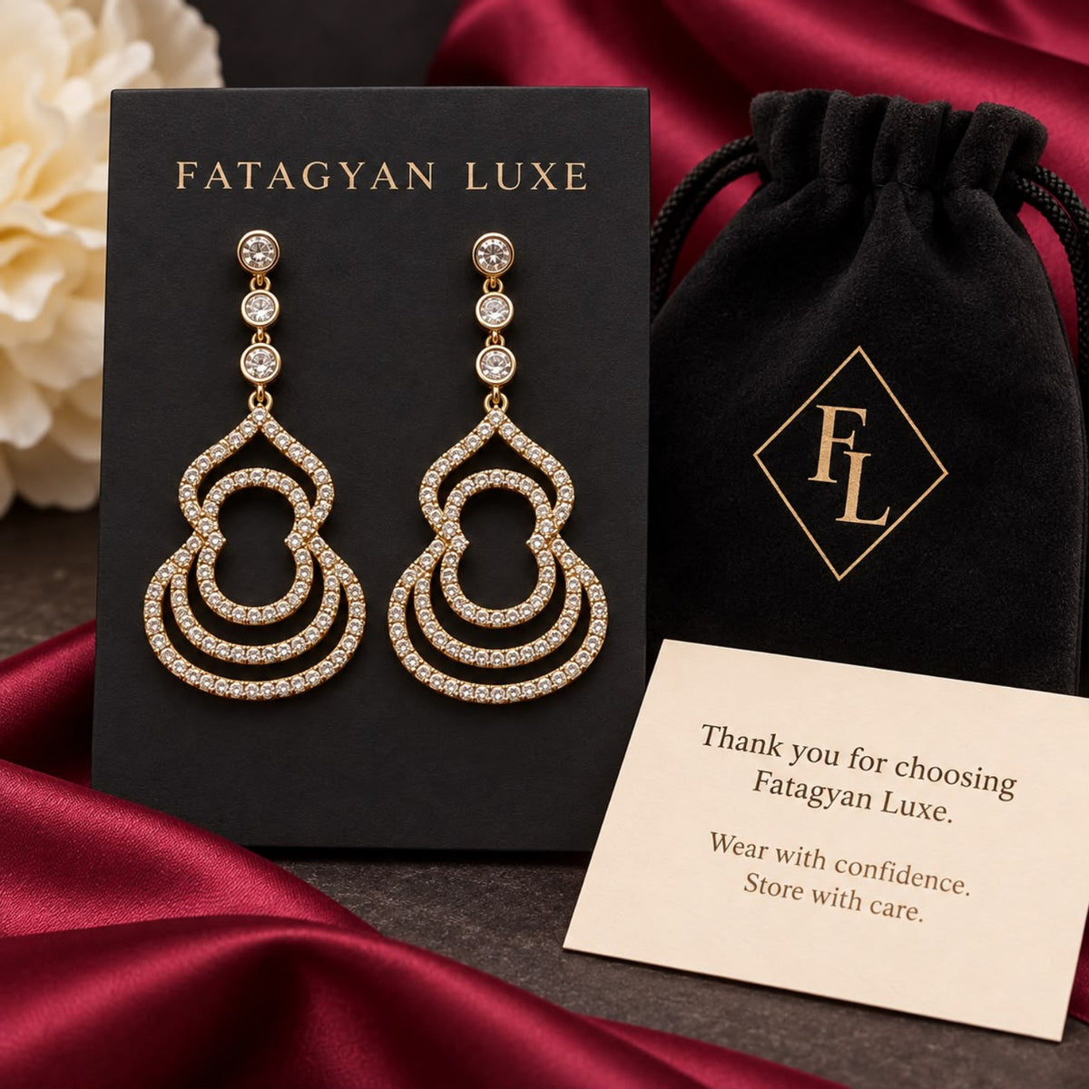 Palais Lumière Crystal Statement Earrings FATAGYAN LUXE packaging