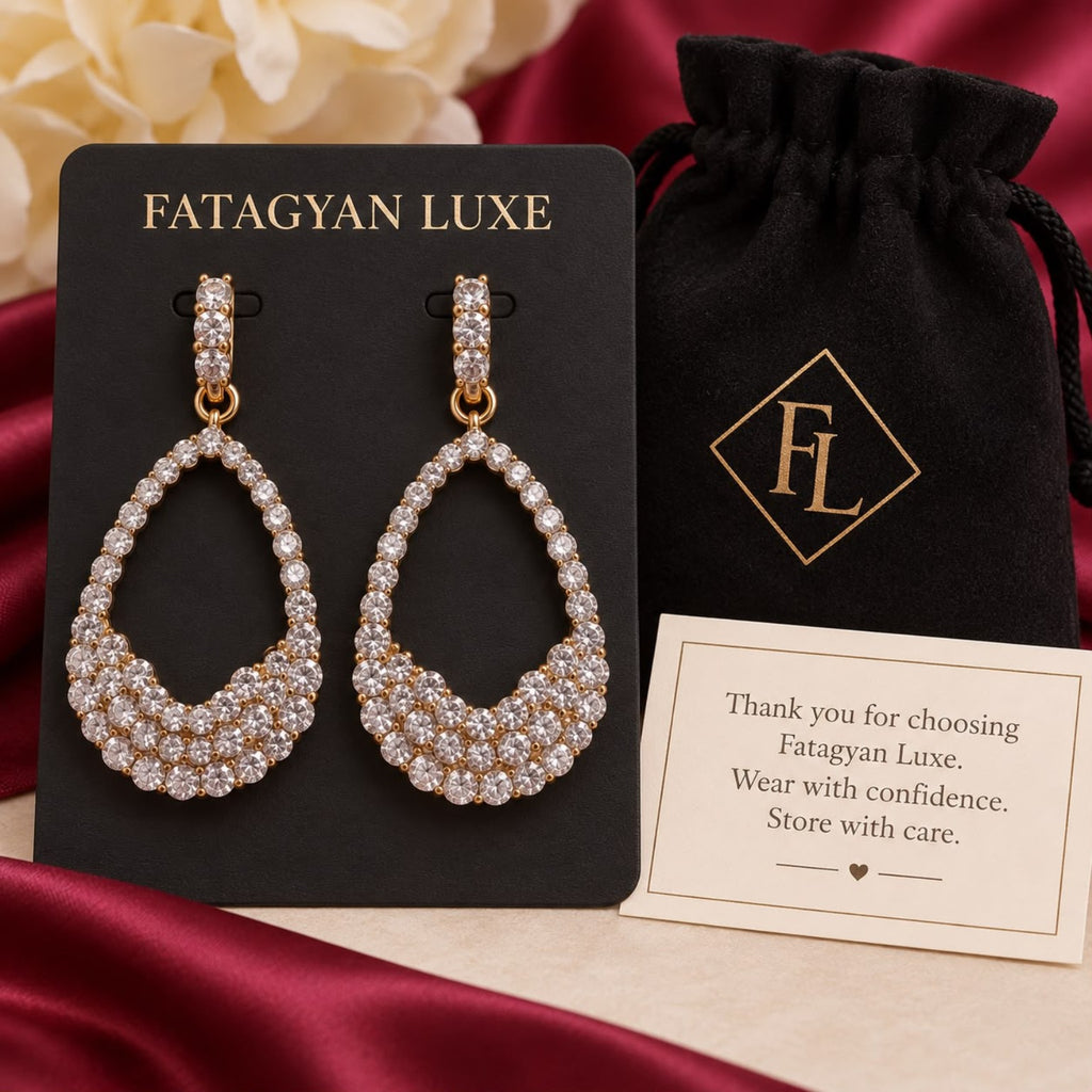 Roselle Crystal Teardrop Earrings FATAGYAN LUXE packaging