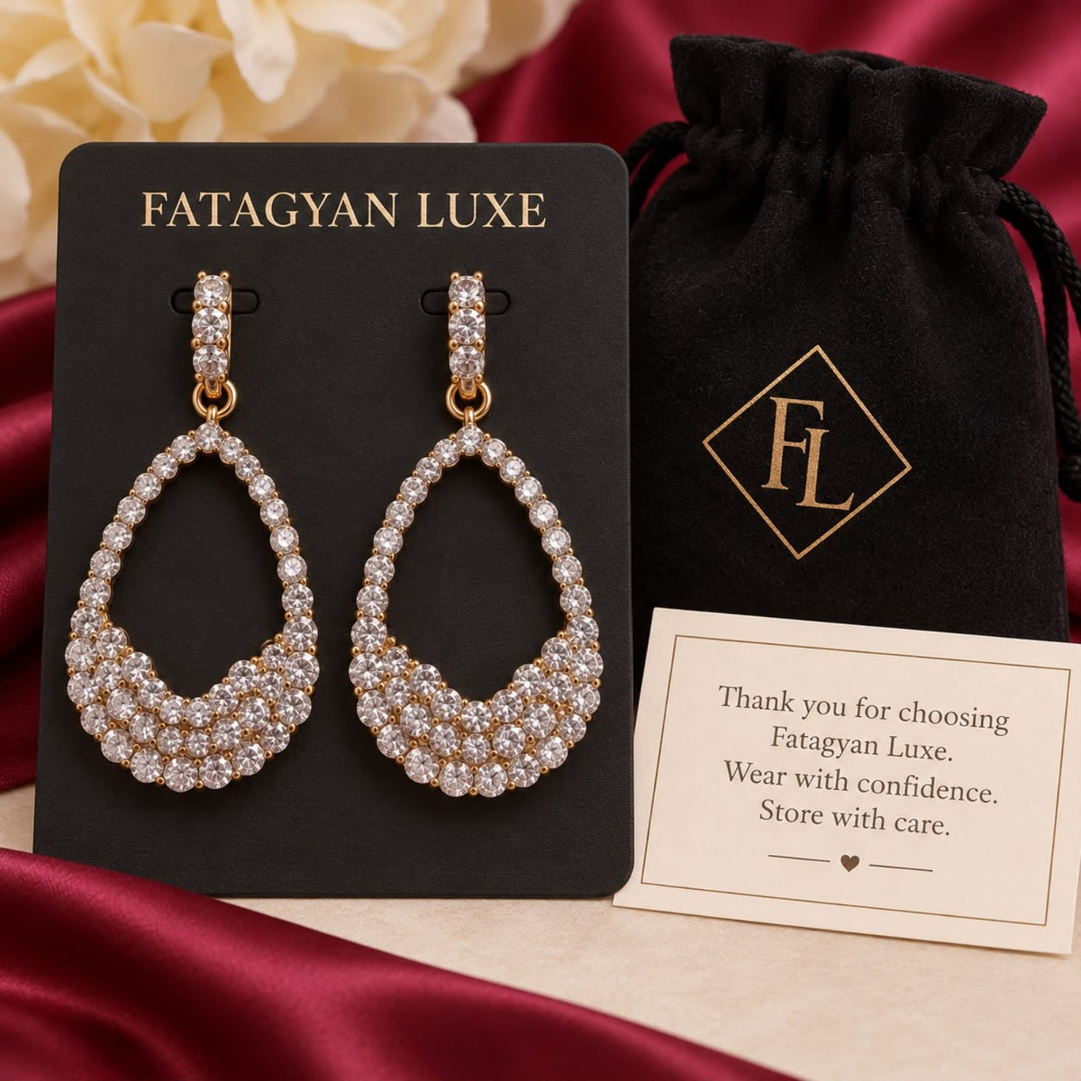 Roselle Crystal Teardrop Earrings FATAGYAN LUXE packaging