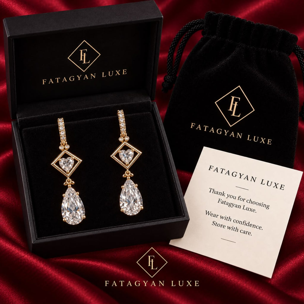 Coeur de Versailles Crystal Drop Earrings with FATAGYAN LUXE packaging