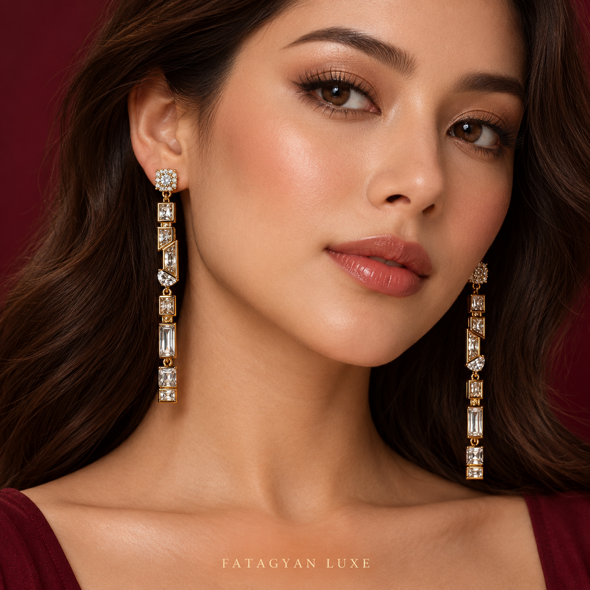 Éclat Geo Crystal Drop Earrings worn on model