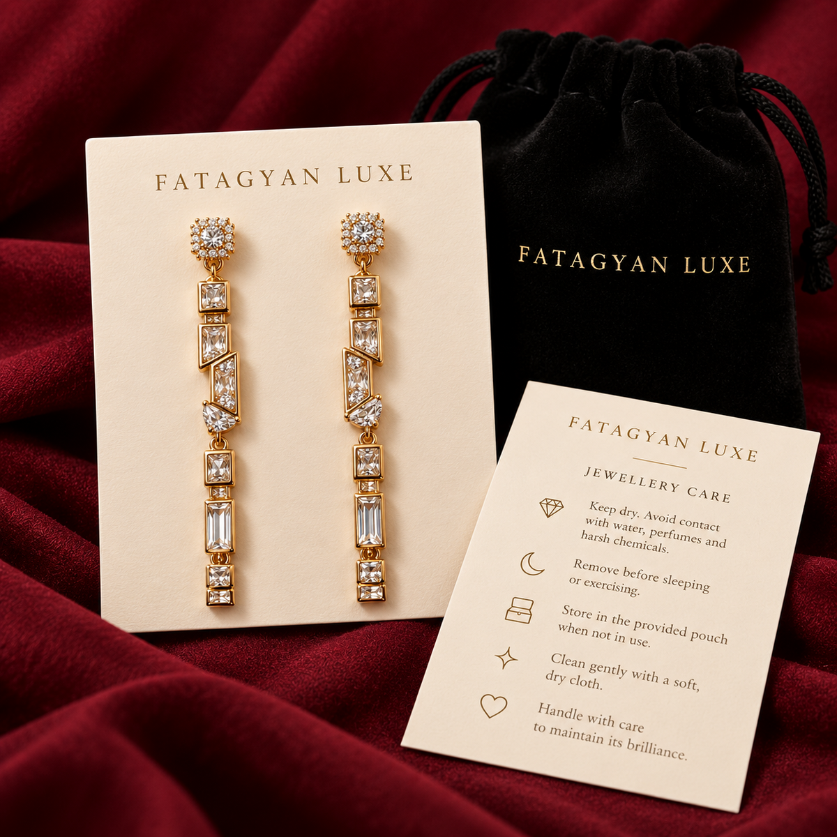 Éclat Geo Crystal Drop Earrings with Fatagyan Luxe packaging