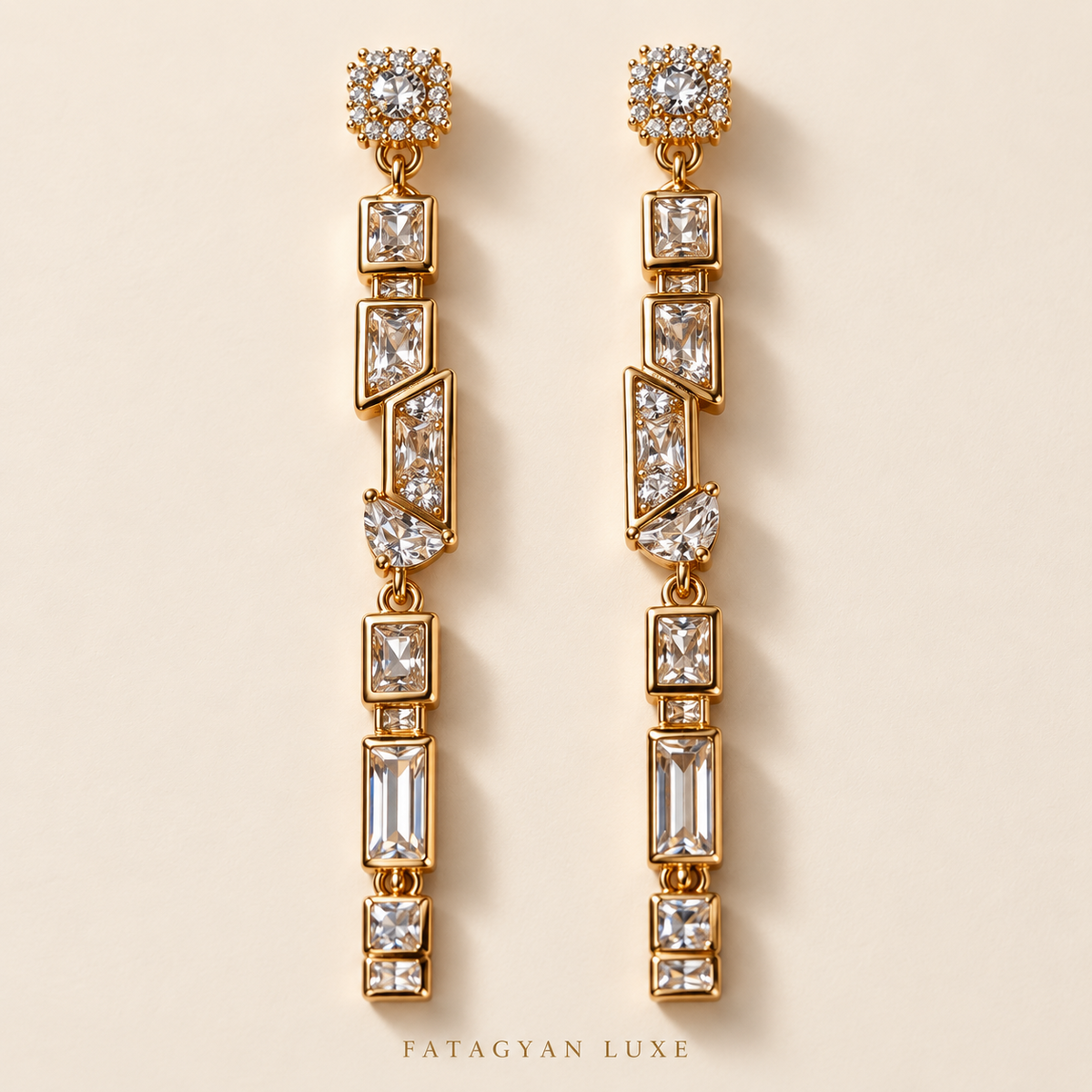 Éclat Geo Crystal Drop Earrings in gold tone with geometric clear crystals