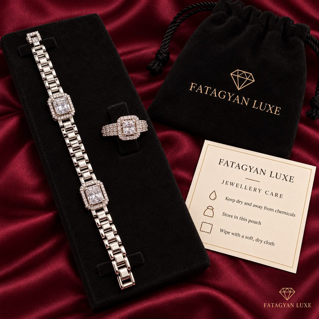 Émeraude Lumière crystal bracelet and ring set with Fatagyan Luxe packaging