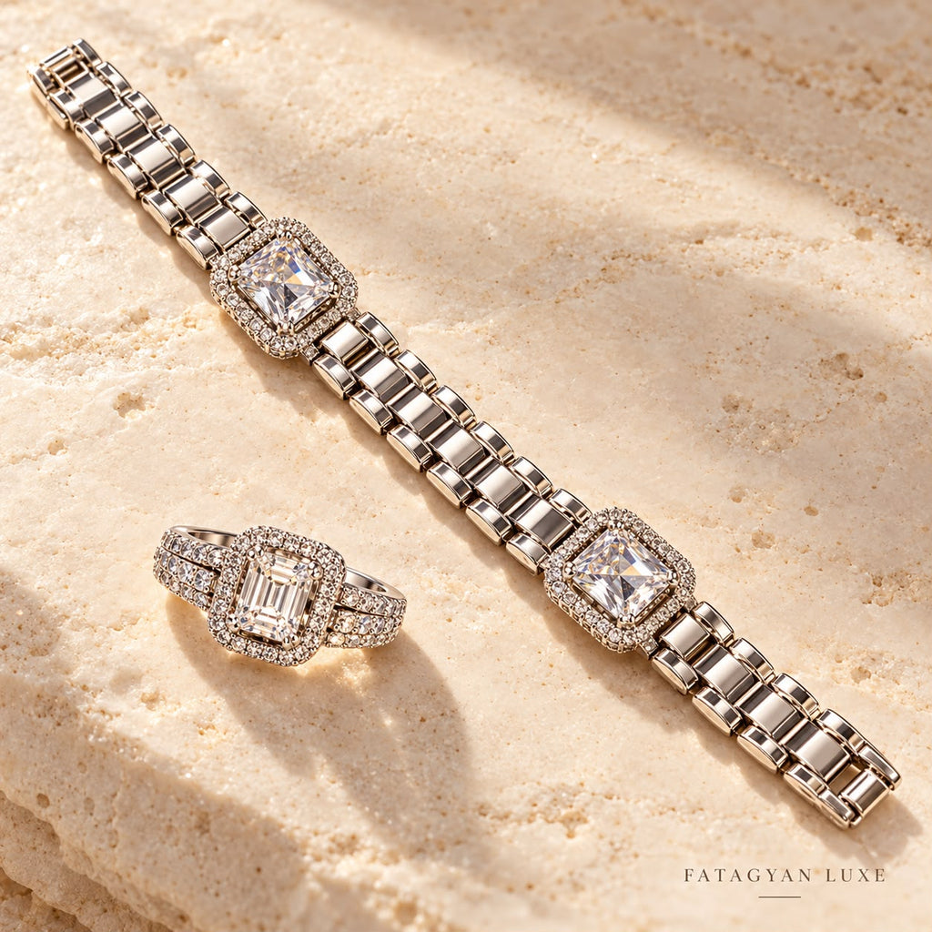 Émeraude Lumière silver-tone crystal bracelet and ring jewellery set on stone