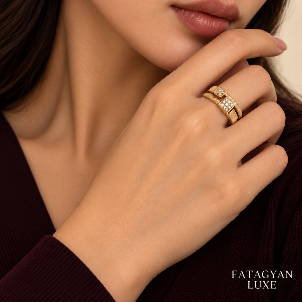 Arielle double-band square crystal ring worn on hand
