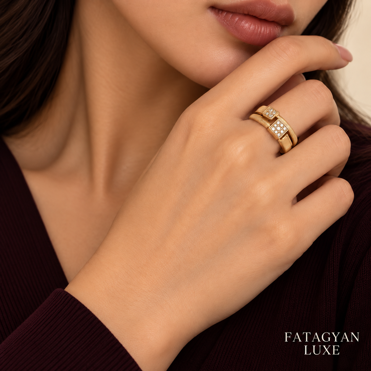 Arielle double-band square crystal ring worn on hand