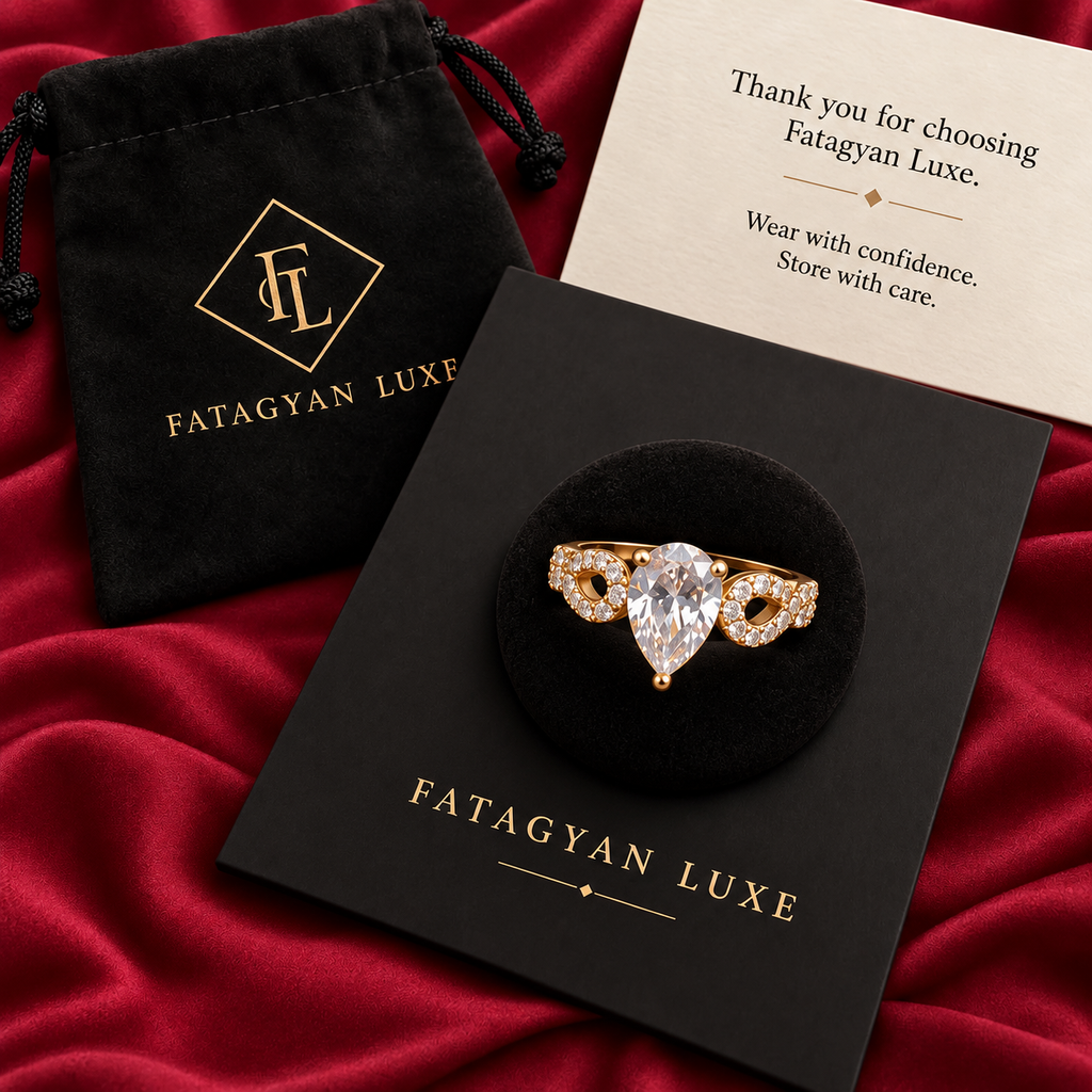 Aureline Pear Crystal Ring with Fatagyan Luxe packaging