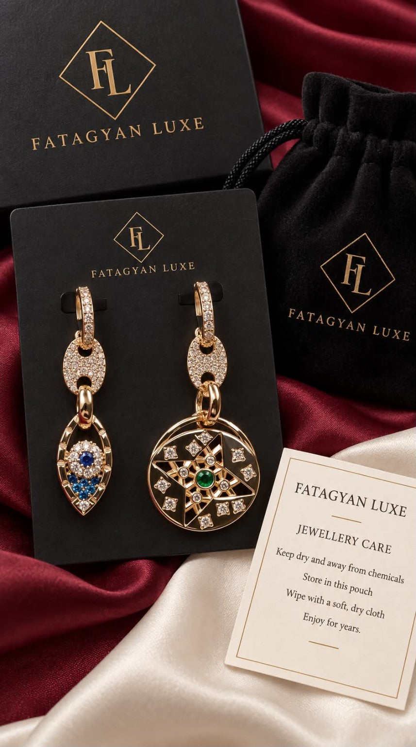 Émeraude Celestial Asymmetric Drop Earrings with Fatagyan Luxe packaging